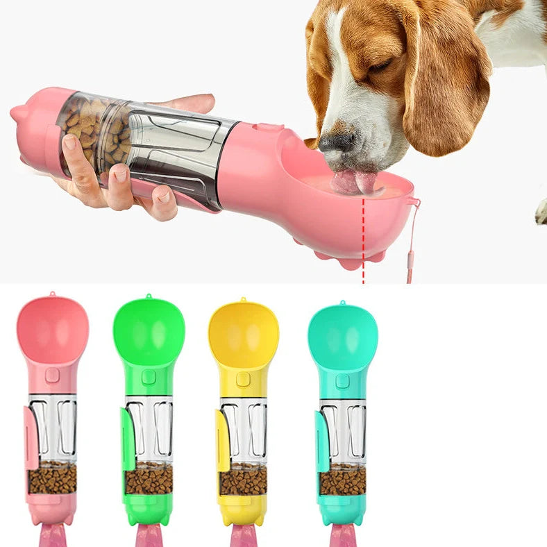 Aquamarine portable dog water bottle with attached poop bag dispenser and treat holder compartment
