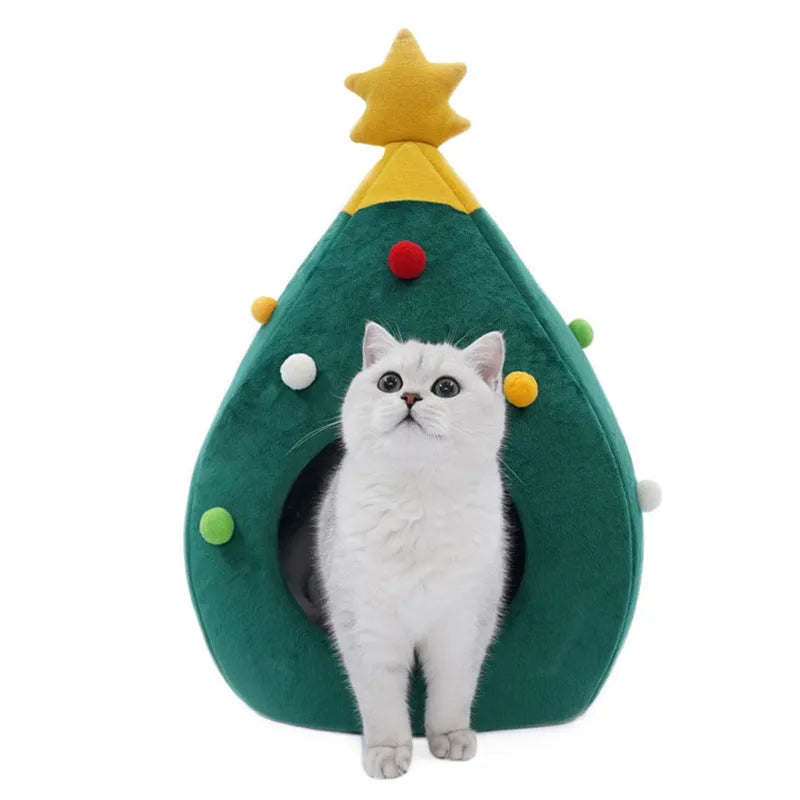 Christmas tree-shaped plush pet cave bed with detachable cover in three sizes for cats and small dogs