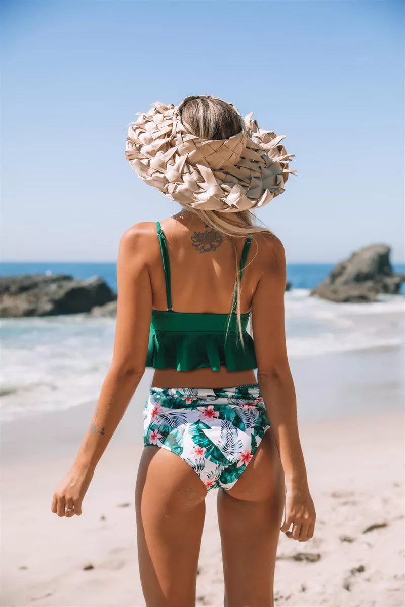 Women's floral print ruffle bikini swimsuit in green and white, sizes S to XL