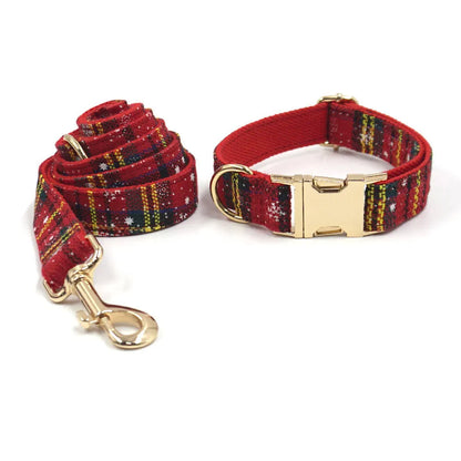 Red Christmas pet accessory set showing collar, traction rope, bowknot, harness and stool bag with laser design