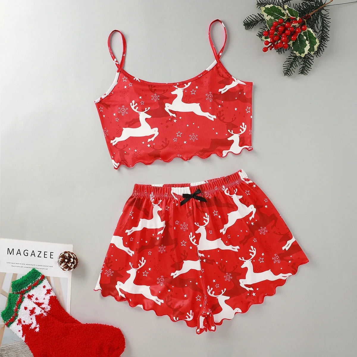 Christmas Women's Milk Silk Pajamas Set with Sleeveless Shorts in festive designs