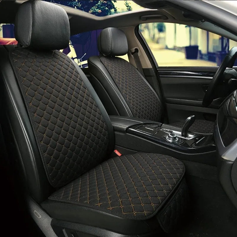 Flax linen car seat cover protector in beige, black, red and brown, with cushion and five-seat style options.