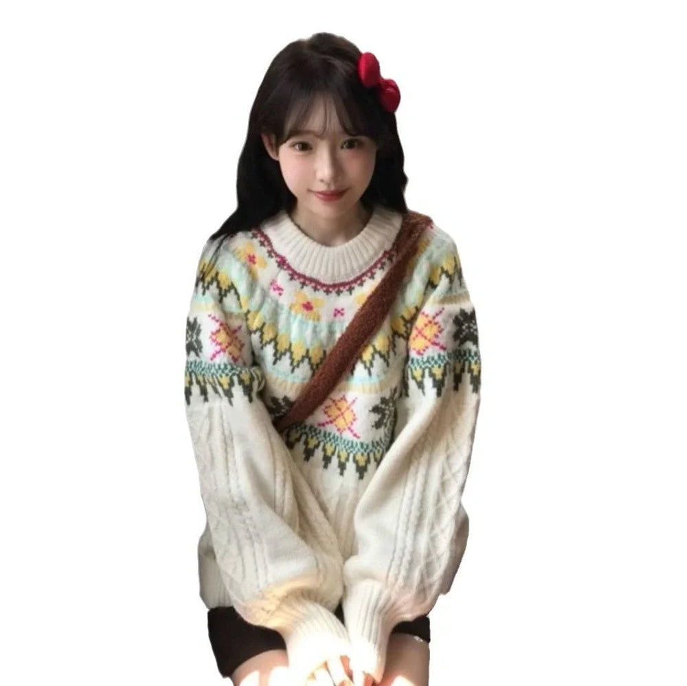 Women's milky white lantern sleeve pullover with 15cm extra sleeve volume and free size design