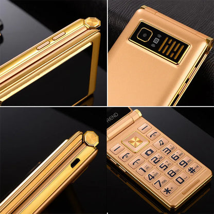 Black dual screen flip senior mobile phone showing internal touch display and external smaller screen