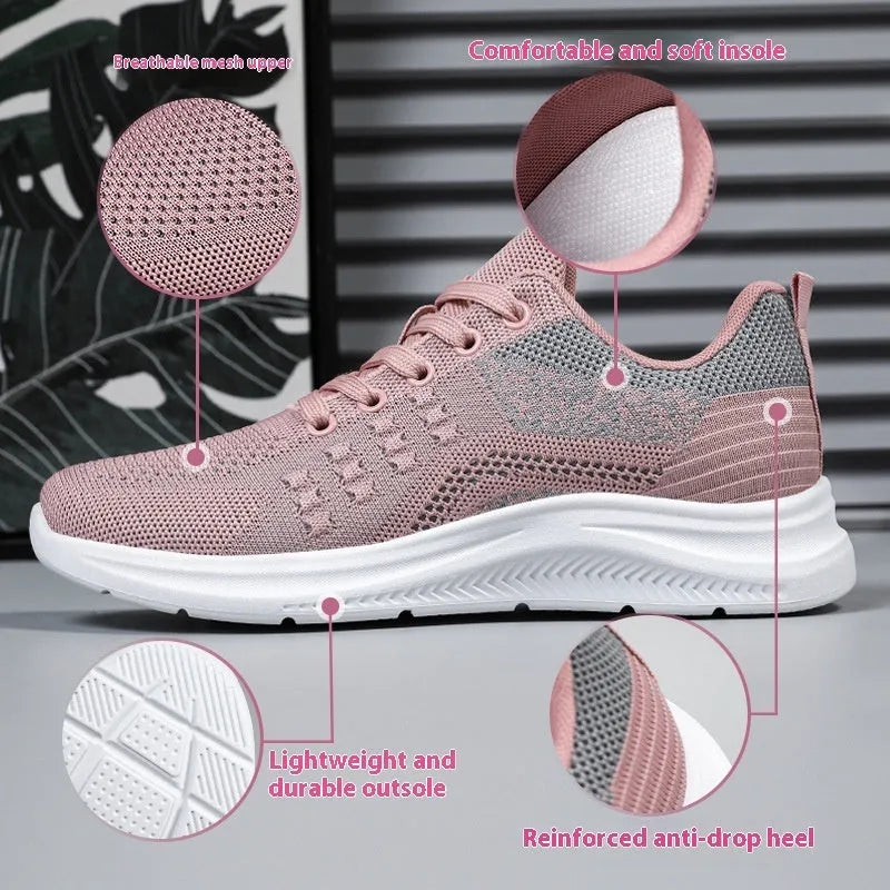 Women's black mesh sneakers with round toe and lace-up design showing breathable construction