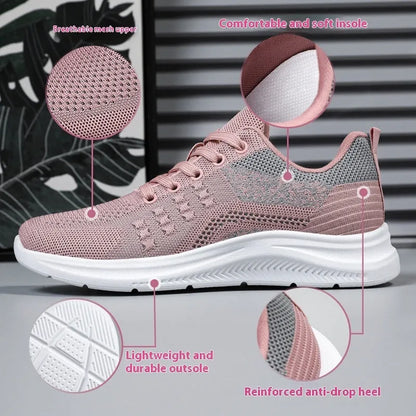Women's black mesh sneakers with round toe and lace-up design showing breathable construction