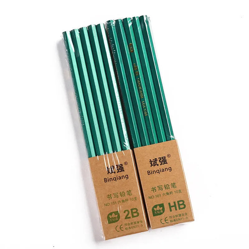 Pack of 10 green hexagonal wooden pencils with HB and 2B graphite cores for drawing and writing