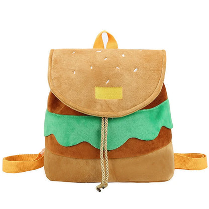 Hamburger-shaped plush backpack with adjustable drawstring and fastening buckle