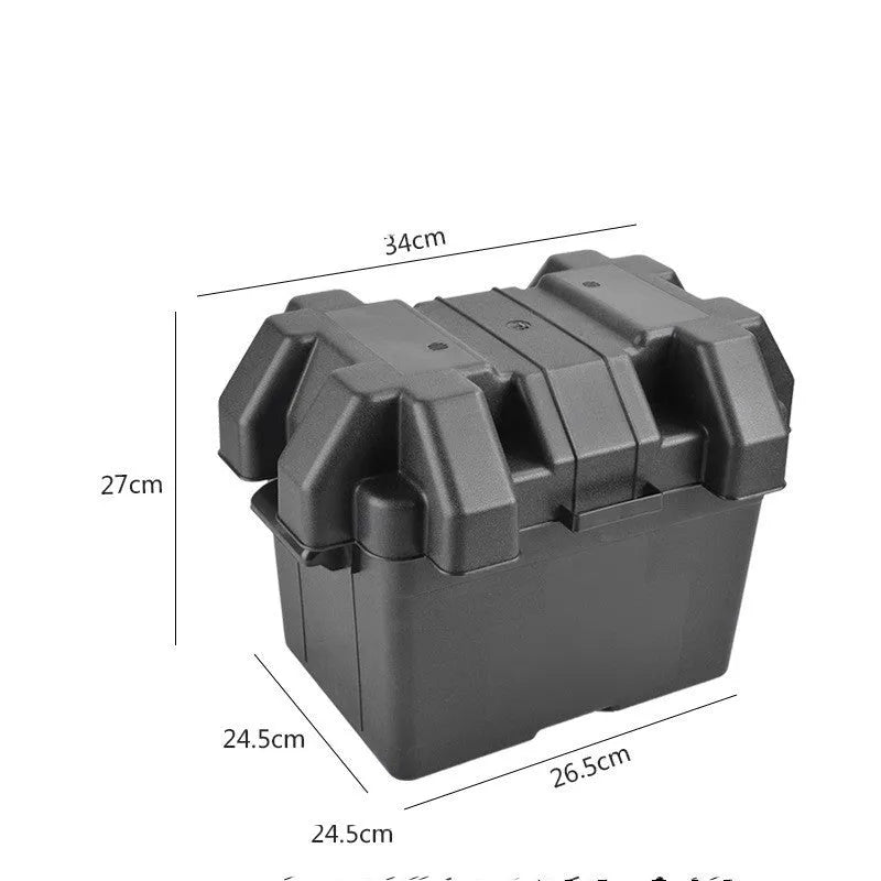 Black PP plastic battery storage box with strap and screw fixing in large and small sizes.