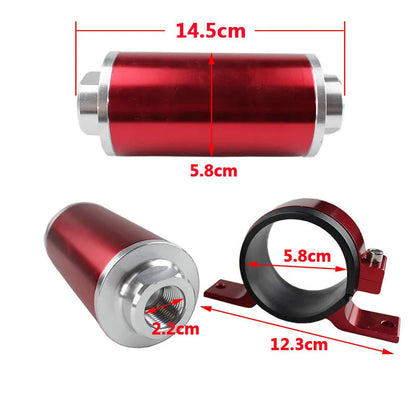 Aluminium petrol filter bracket in choice of six colours: black, silver, blue, red, gold, purple.