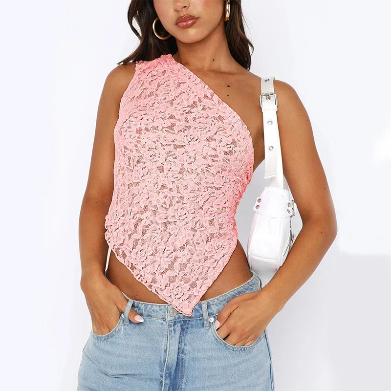 A stylish backless lace top in various colors with an asymmetrical sloped neckline and waistless design, perfect for summer streetwear fashion.