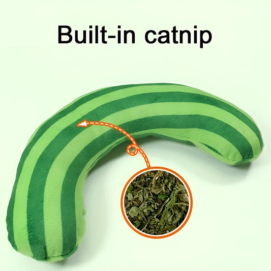 Striped plush cat toy pillow with built-in catnip and crinkle sound material in green colour.