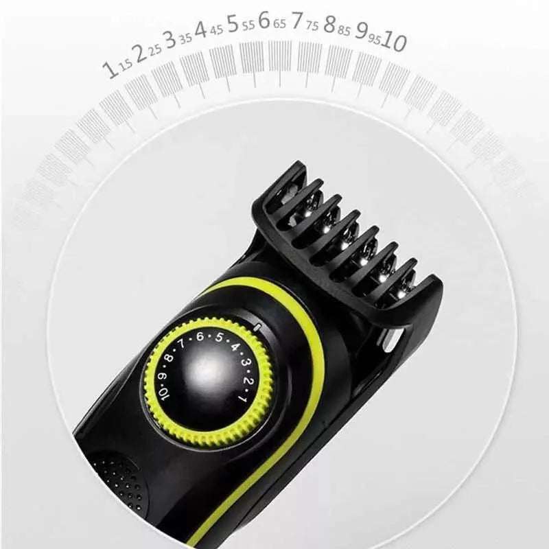 Household multifunctional electric hair clipper rechargeable suit with stainless steel blade, automatic grinding head, and brush cleaning, in black, for general use with USB charging and dual power supply options.