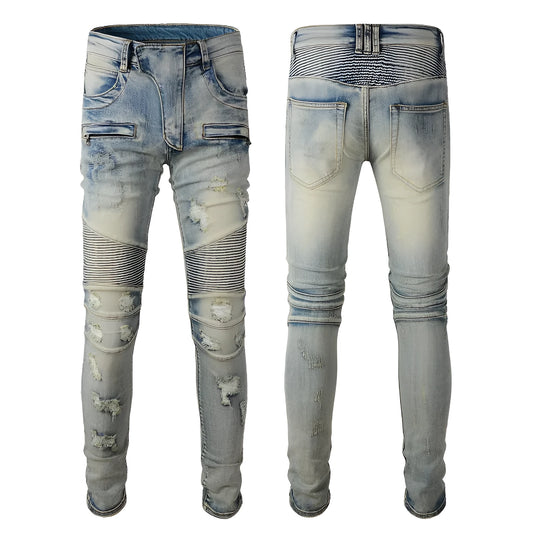 Light blue men's distressed slim jeans with hand-frayed detailing and straight leg cut