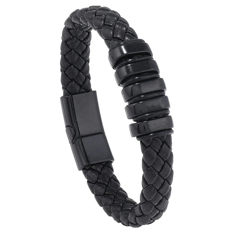 Stylish multi-layer leather woven bracelet in black, gold, white, and black & golden colors