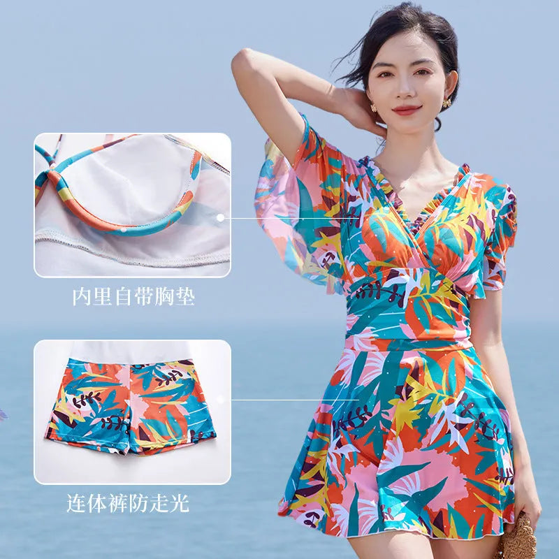 Women's colourful print cover belly siamese one-piece swimsuit