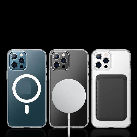 Transparent magnetic phone case for iPhone showing integrated MagSafe ring and 0.8mm thin profile