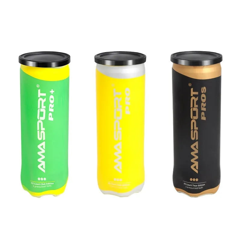 Three tennis training balls in black, green and yellow colours for cage plate practice