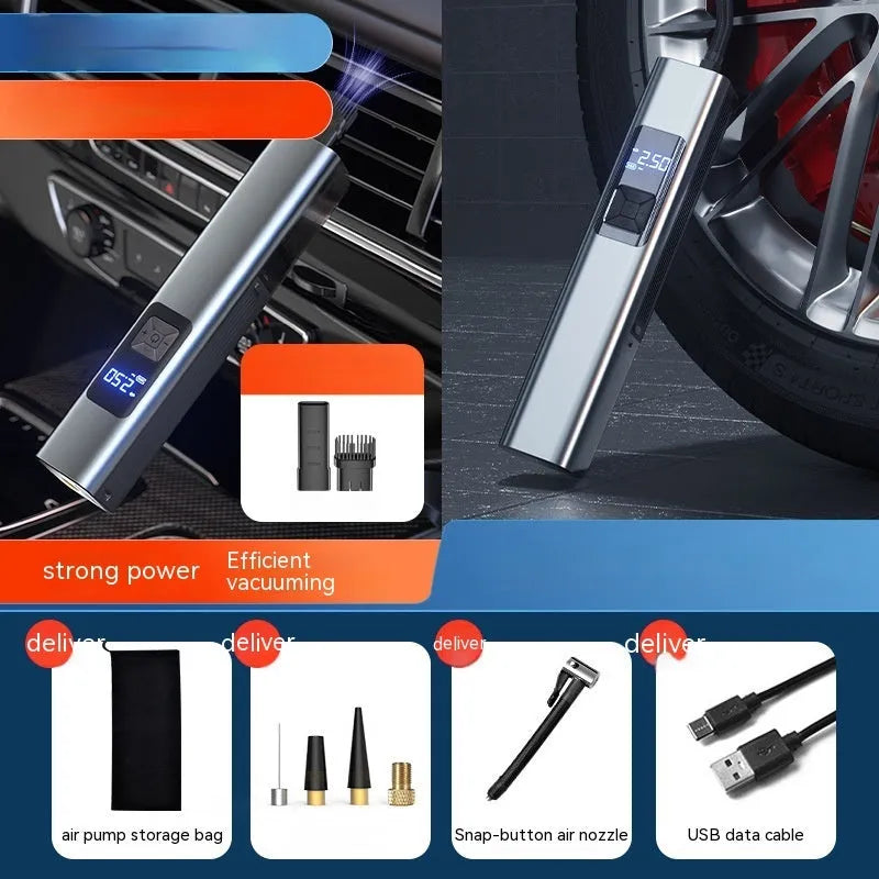 Handheld wireless car tyre inflator and vacuum cleaner with digital display on a black background.