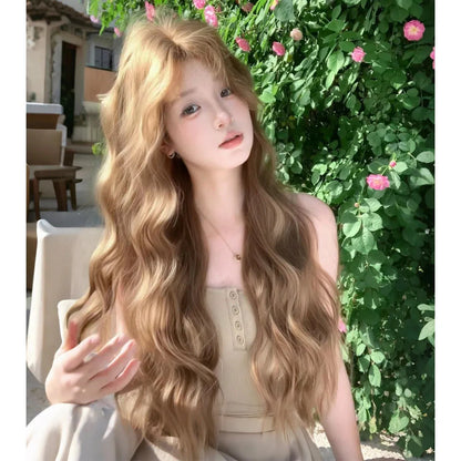 Medium length synthetic wig with linen coloured long curly hair style and hair net