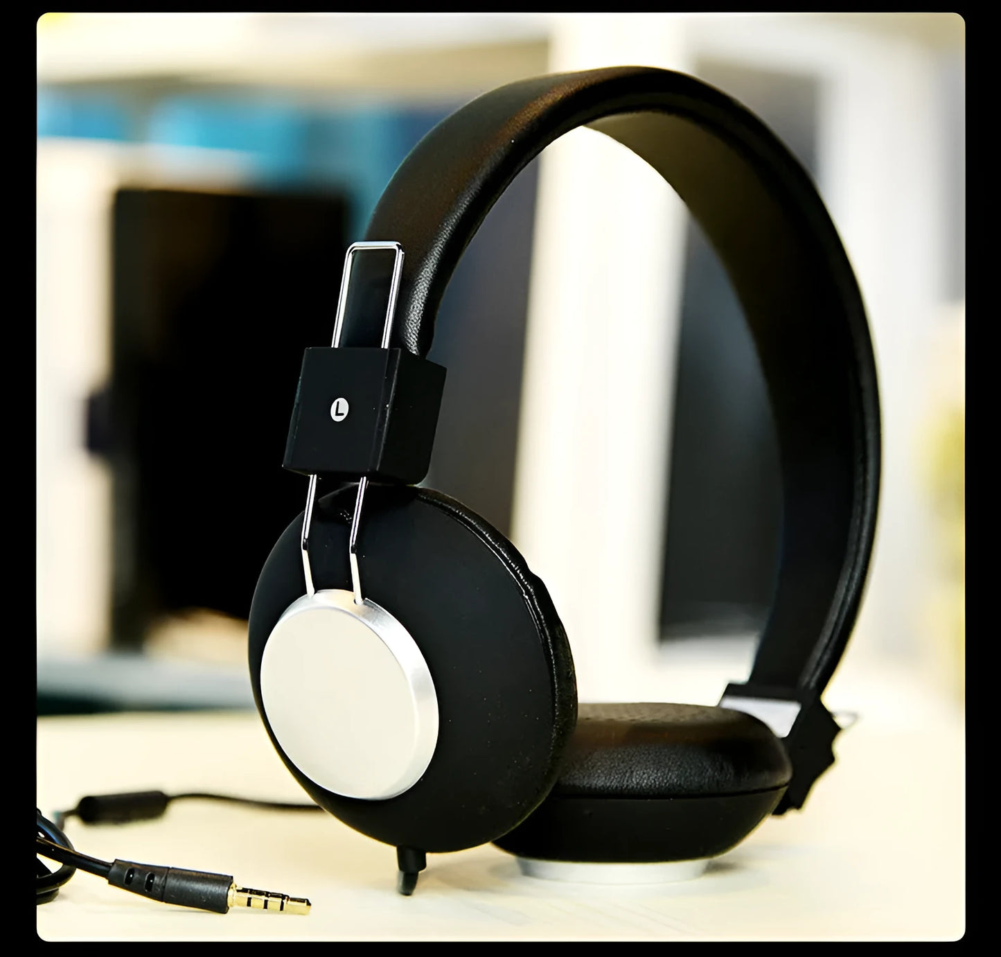 Wired head-mounted sports earphones in multiple colours with a 3.5mm plug and microphone.