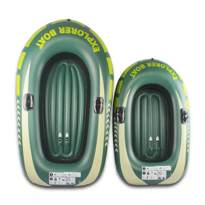 Small green PVC inflatable boat for fishing and rafting, durable and lightweight