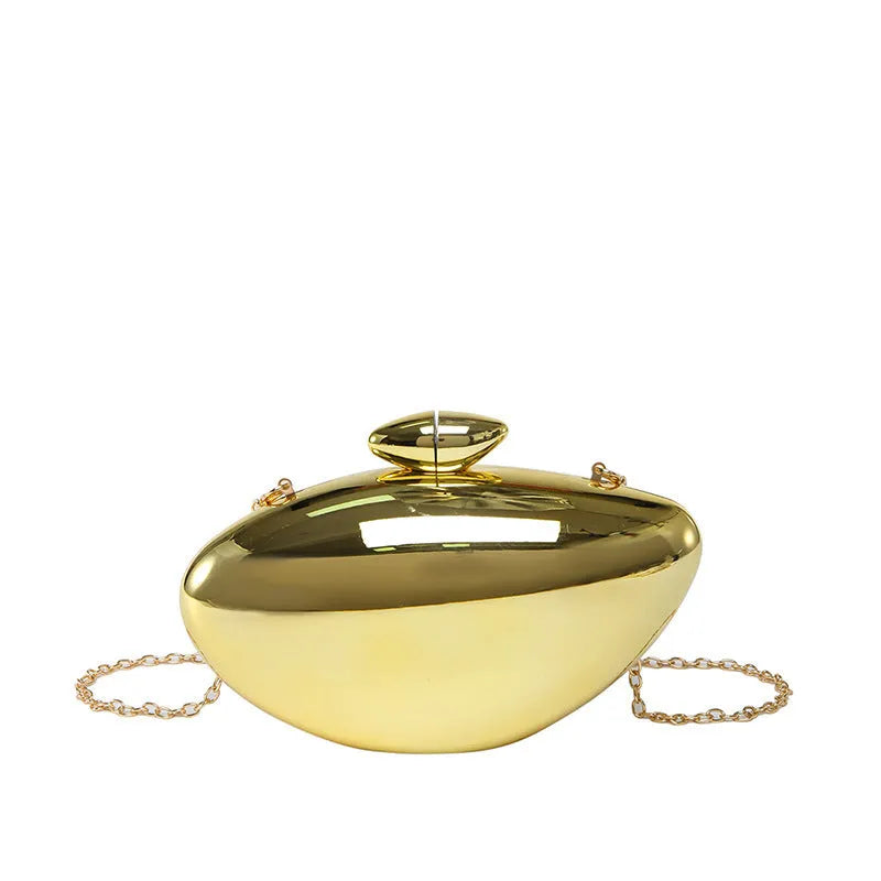 Oval shell goose egg acrylic evening bag with chain shoulder strap, hard outer and mobile phone bag section