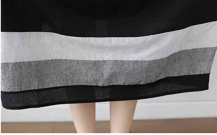 Black linen short sleeve dress for women in large size, perfect for summer.