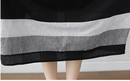 Black linen short sleeve dress for women in large size, perfect for summer.