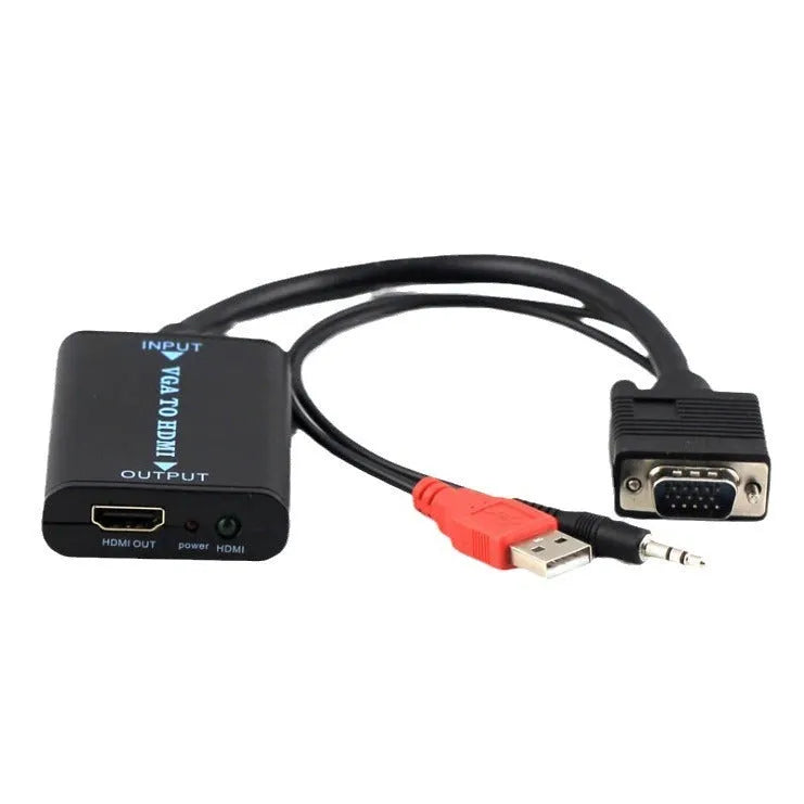 Black VGA to HDMI female converter with USB power cable for 1080p video conversion