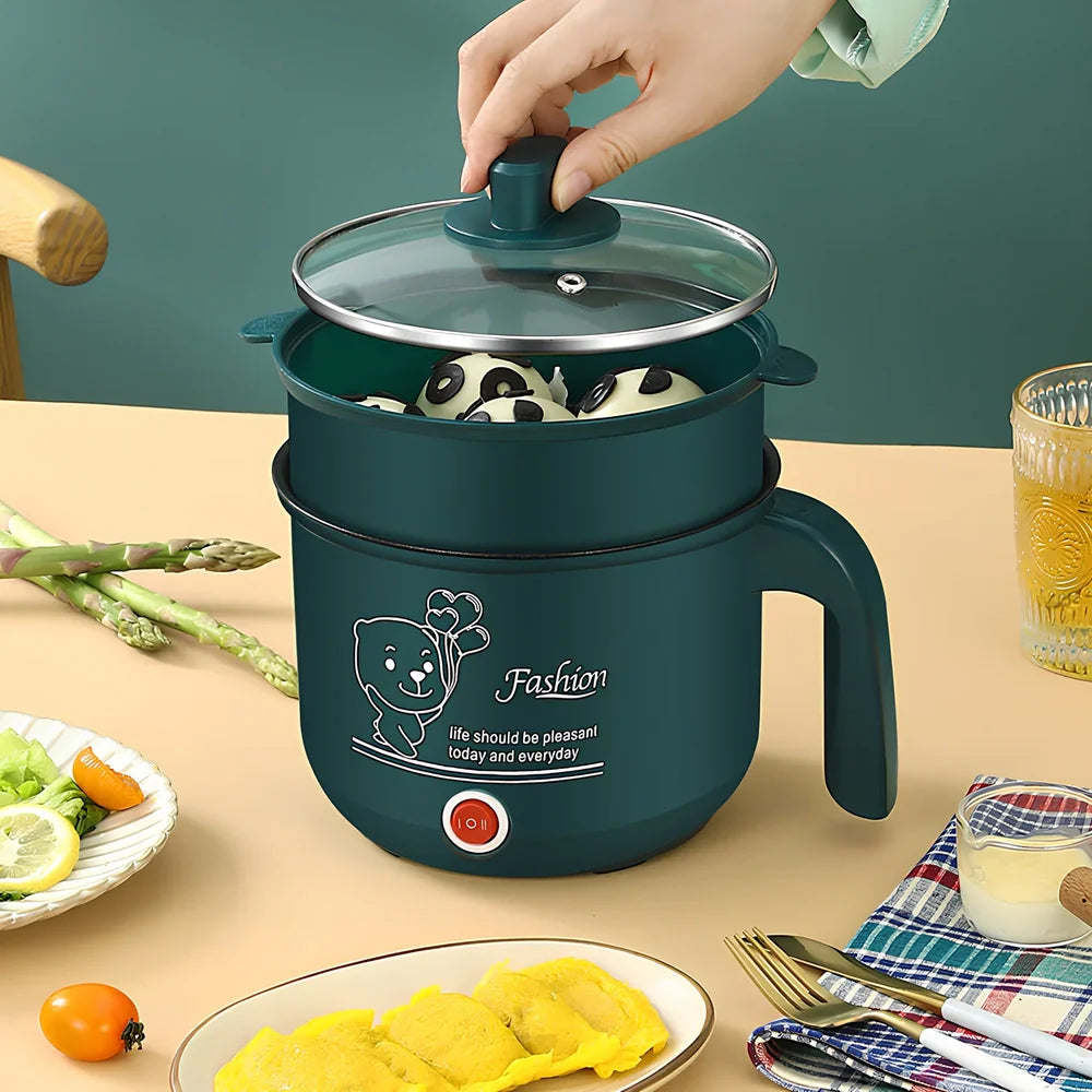 Emerald green multifunctional electric cooker with stainless steel pot and adjustable power controls