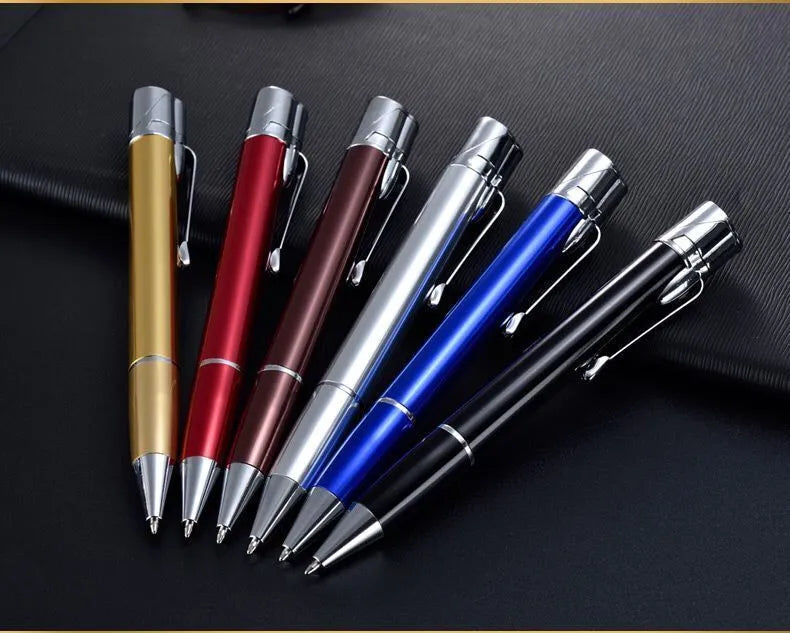 Silver metal pen-style jet lighter with side ignition button and windproof flame.