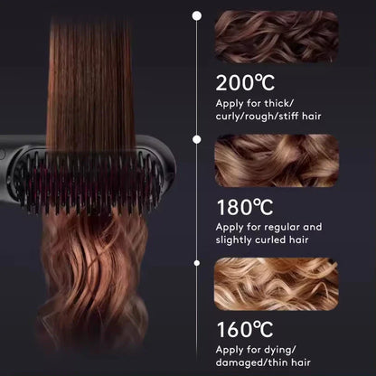 Wireless Hair Straightener Brush with fast heating, portable design, and USB charging