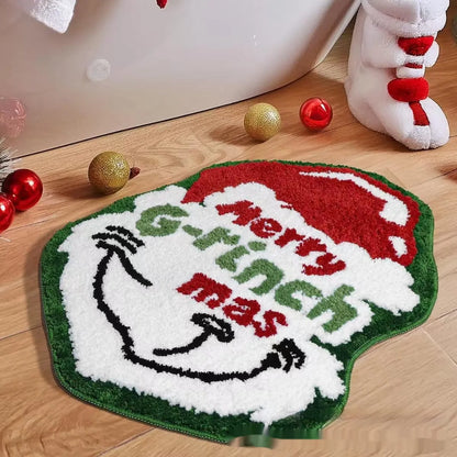 Square Christmas-themed hallway mat with non-slip backing on wooden floor