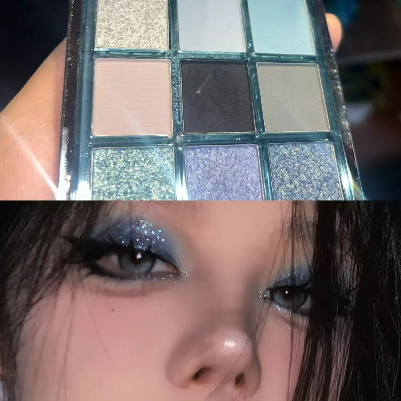 Low saturation blue smoked eye shadow palette with nine colours including matte and shimmer finishes with diamond debris textures