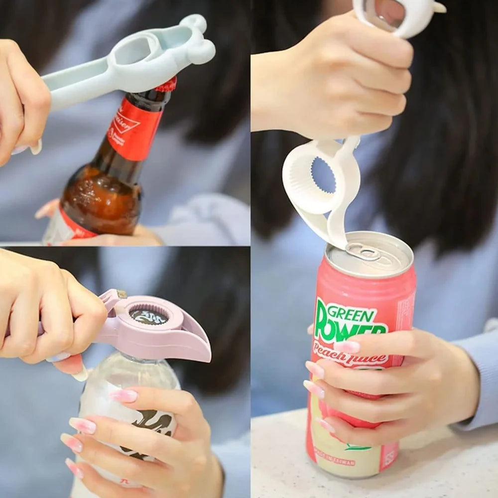 Bear-shaped 4-in-1 stainless steel bottle opener in gray blue, 21 cm long for jars cans and beers