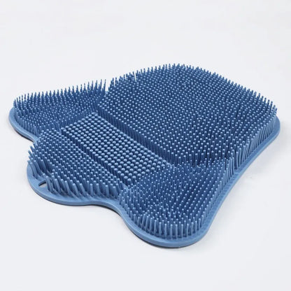 Blue silicone bath massage mat for back exfoliation measuring 31 by 32 centimetres