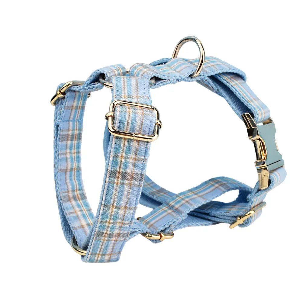 Sky blue grid pattern fabric dog collar, leash, vest, and bow set on a white background.