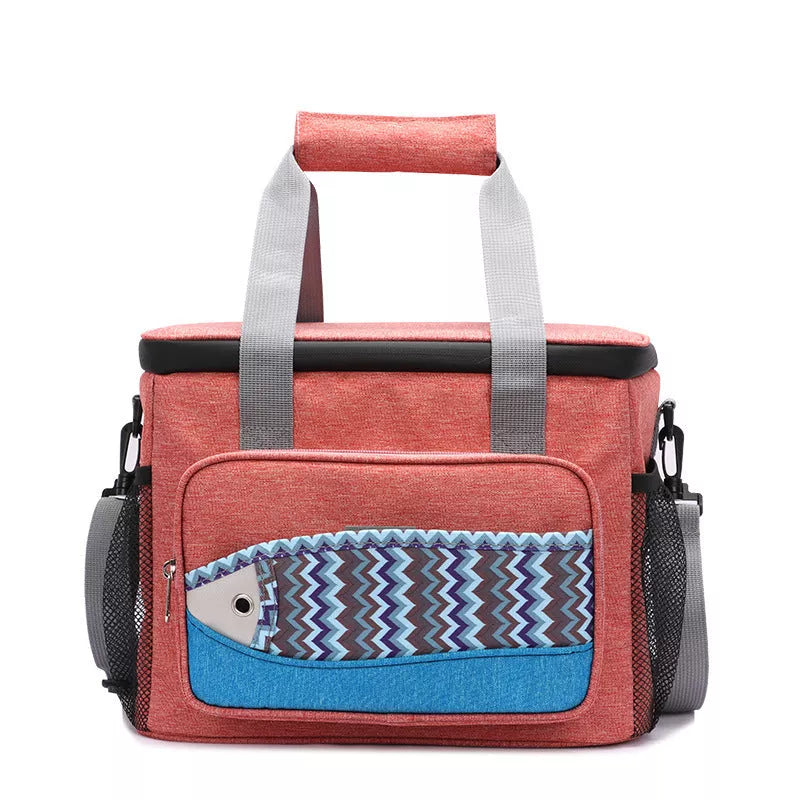 Fish pattern insulated cooler bag in various colors, perfect for outdoor picnics and lunches