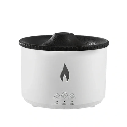 White volcano-shaped humidifier diffuser with flame lighting effect and remote control on wooden surface