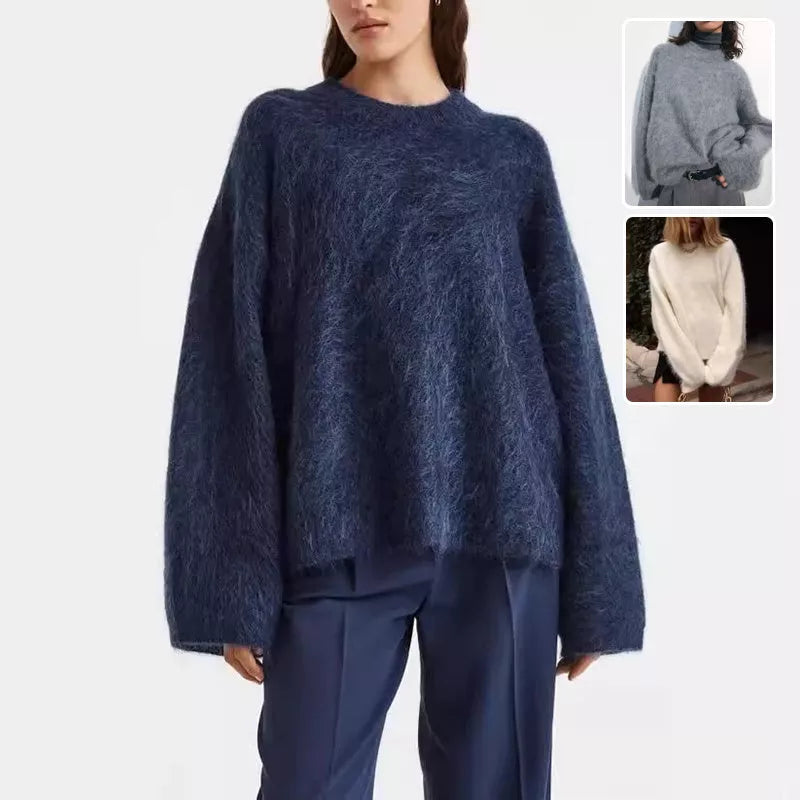 Loose round neck pullover sweater for women in navy blue and dark gray