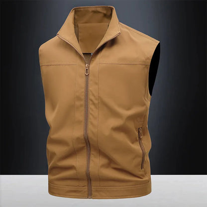 Men's loose fit casual work shirt with a stand-up collar in an army green colour.