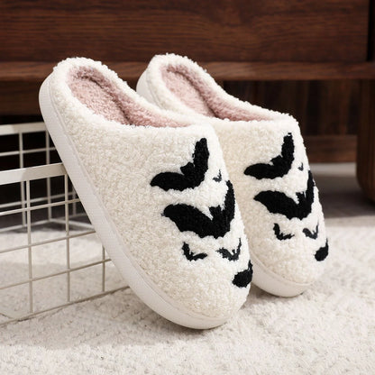 Halloween bat design plush slippers for indoor wear, available in white and black