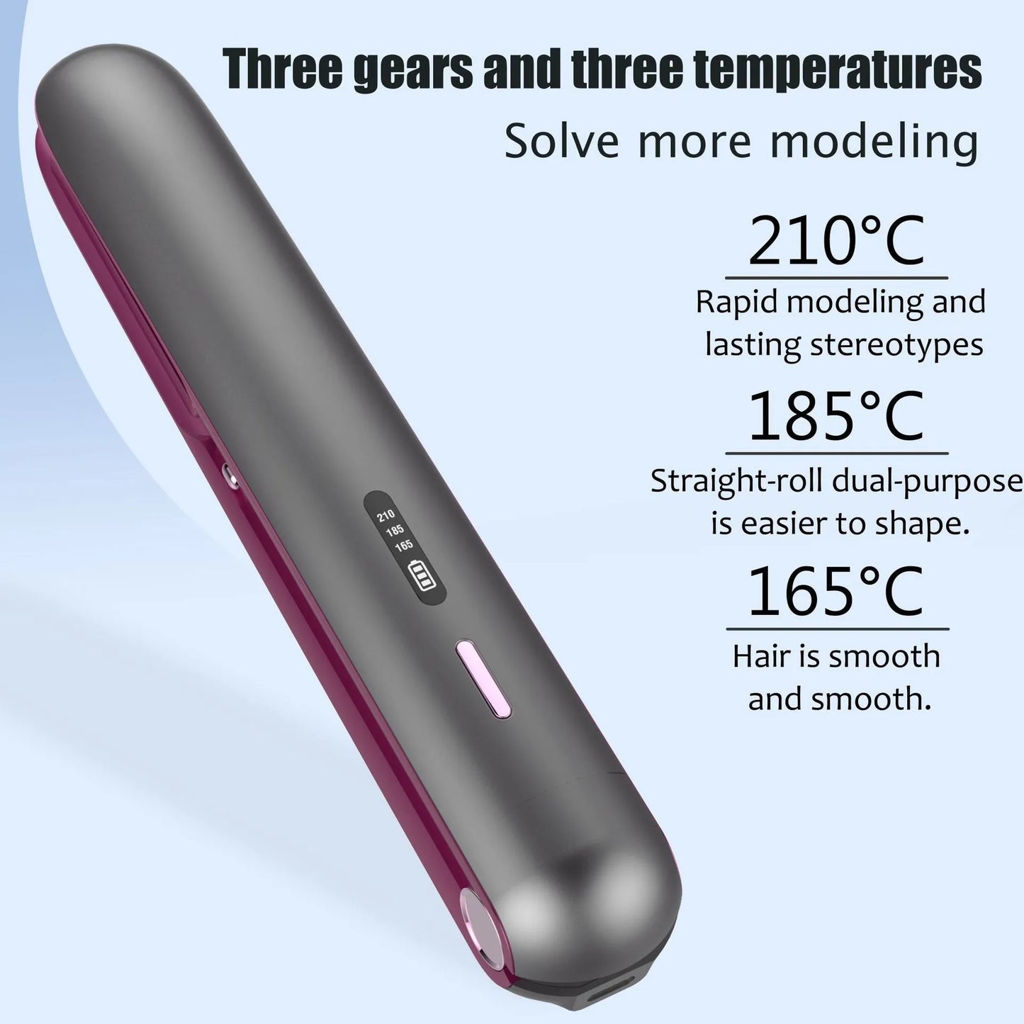 Moon shadow grey wireless hair straightener with tourmaline ceramic heating plates and temperature control display