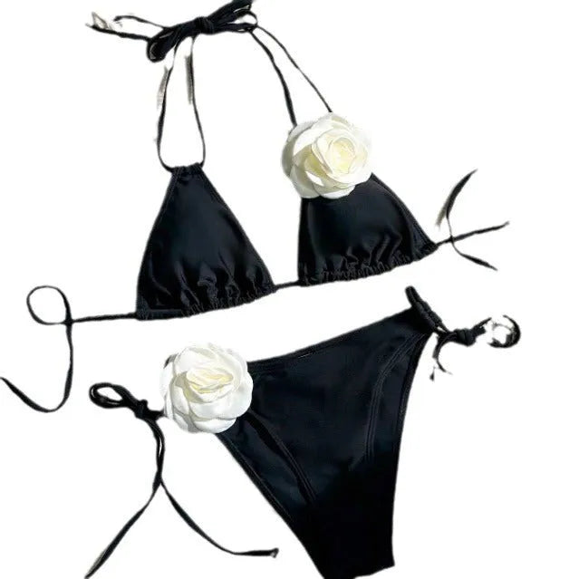 Black women's bikini set with 3D flower lace detailing and an adjustable drawstring waist.