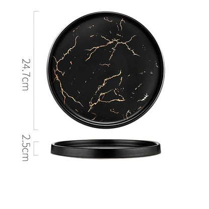 24.7cm Nordic style porcelain plate in white marble pattern, underglaze finish for durable household use