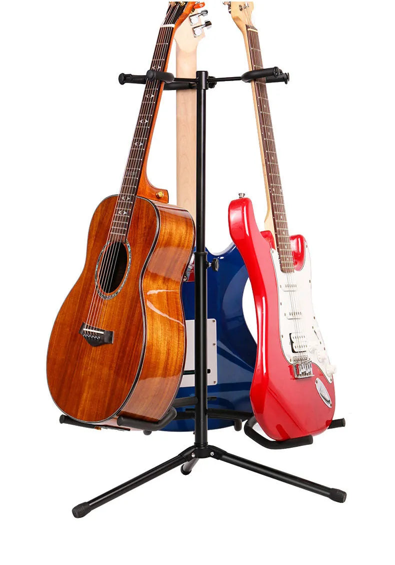 Vertical double-headed adjustable guitar stand for electric and acoustic guitars, made from iron for a sturdy instrument holder, in black finish, with height adjustment to fit various guitars and basses securely.