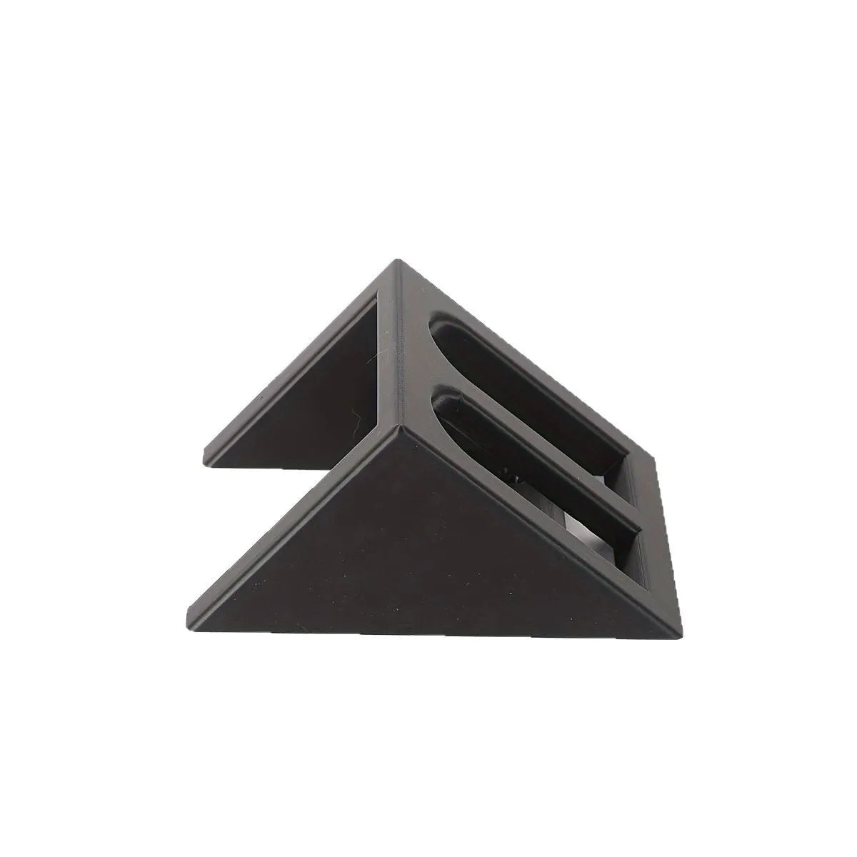 Matte black plastic punk-style pistol display stand on a wooden surface, measuring 10.85cm long.