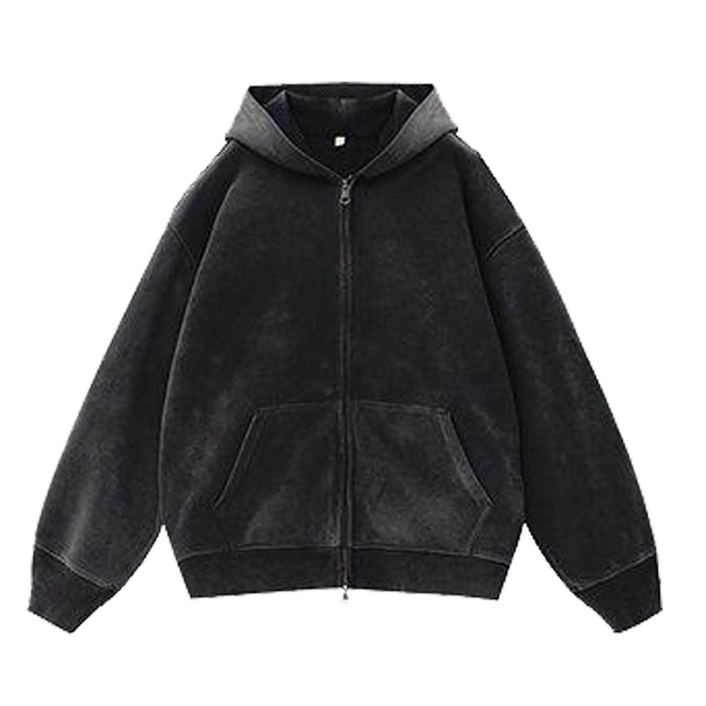 Women's fleece-lined distressed hooded cardigan sweater in loose fit with patch pockets