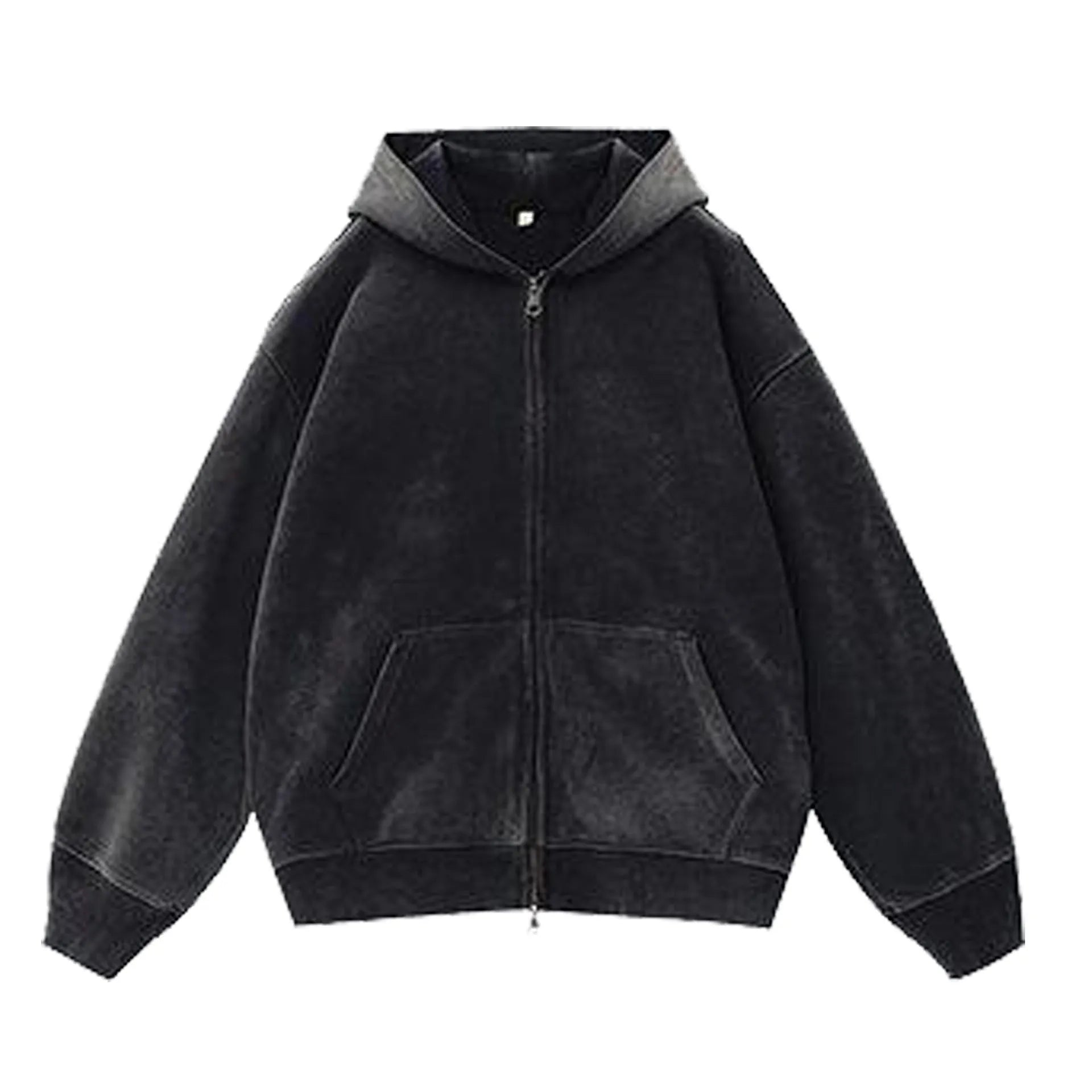 Women's fleece-lined distressed hooded cardigan sweater in loose fit with patch pockets